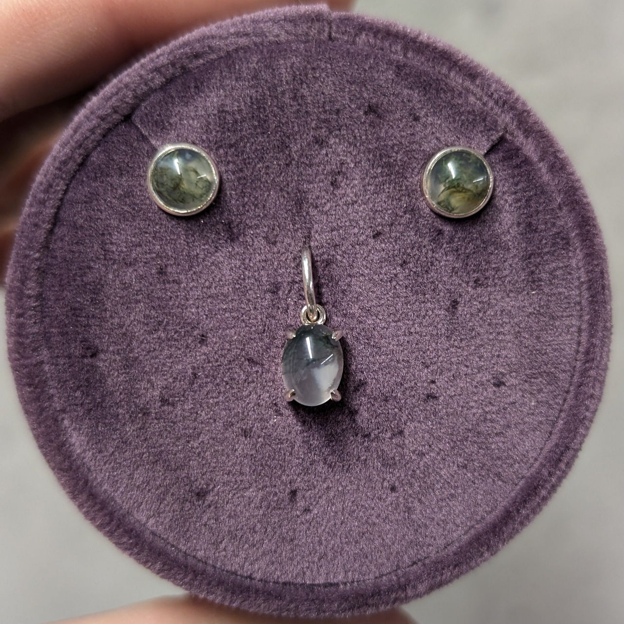 Moss Agate Earrings & Pendant