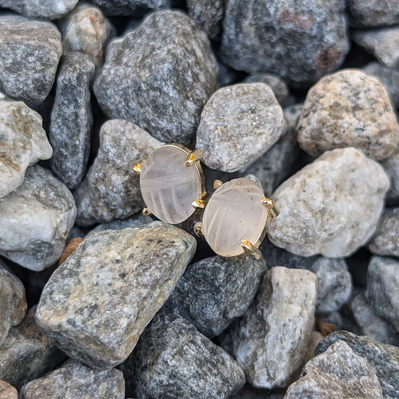 Frosted Rock Crystal Scarab Prong Set Studs