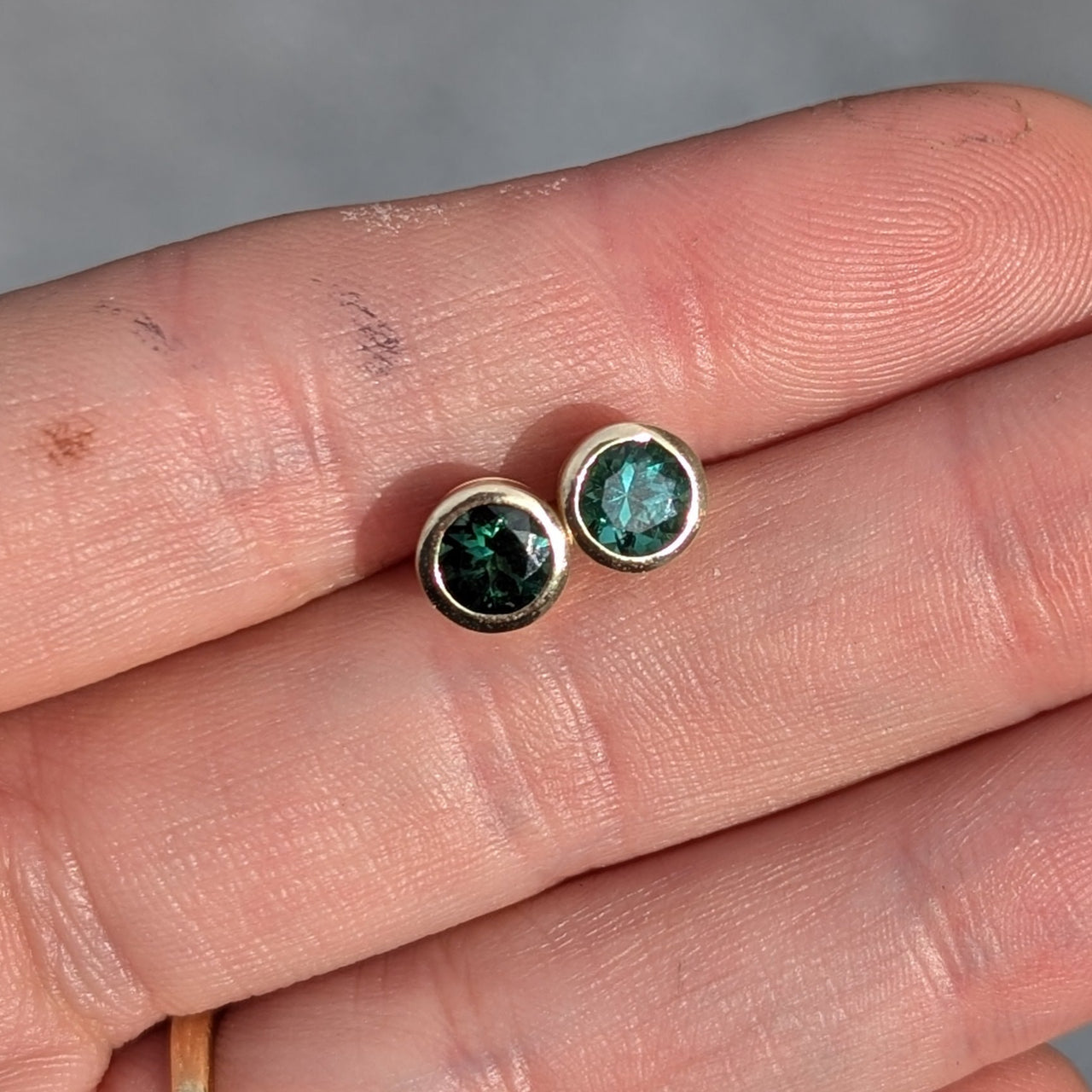 14k Yellow Gold Bezel Set Green Tourmaline Studs