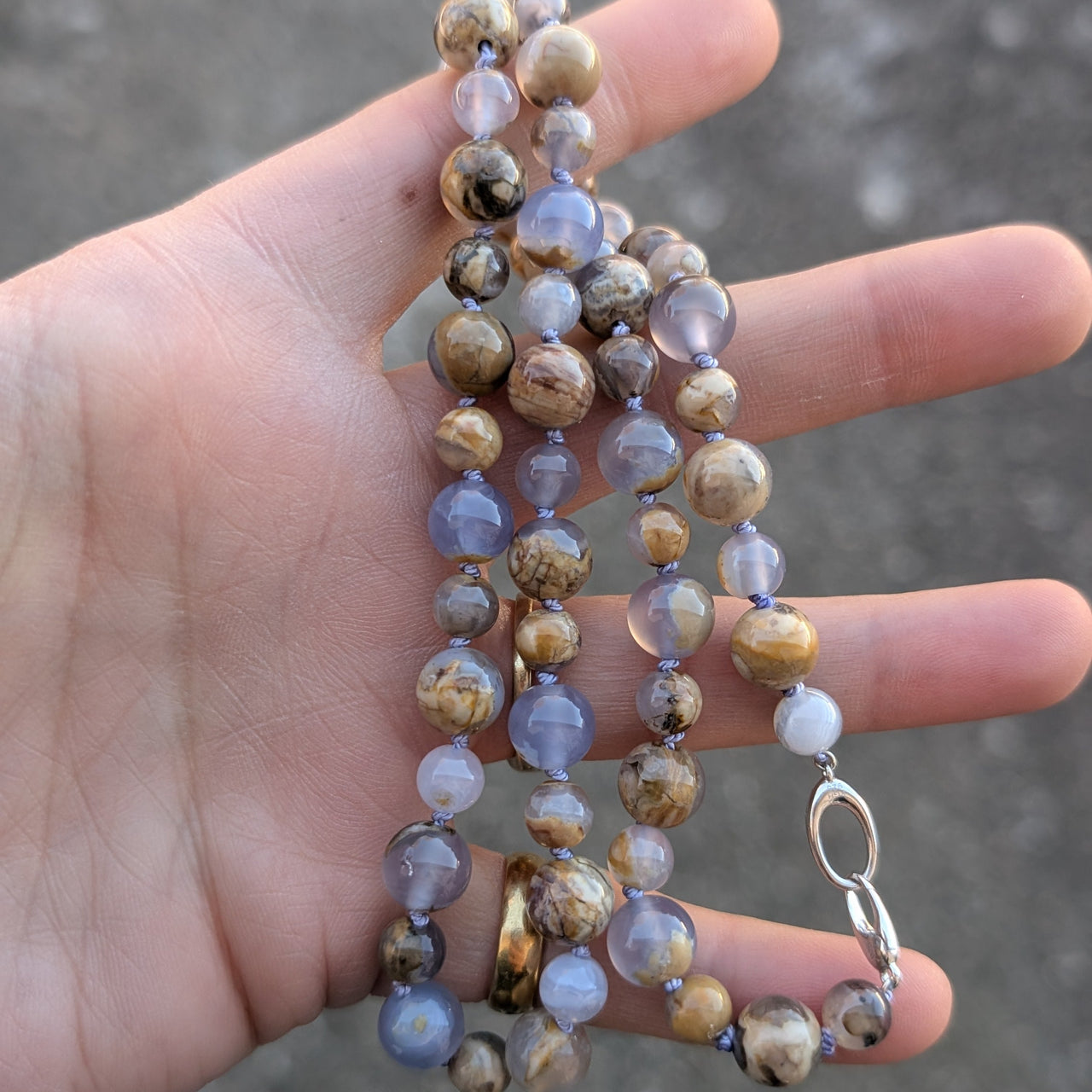 20" Chalcedony Hand-Knotted Necklace w/Silver Clasp