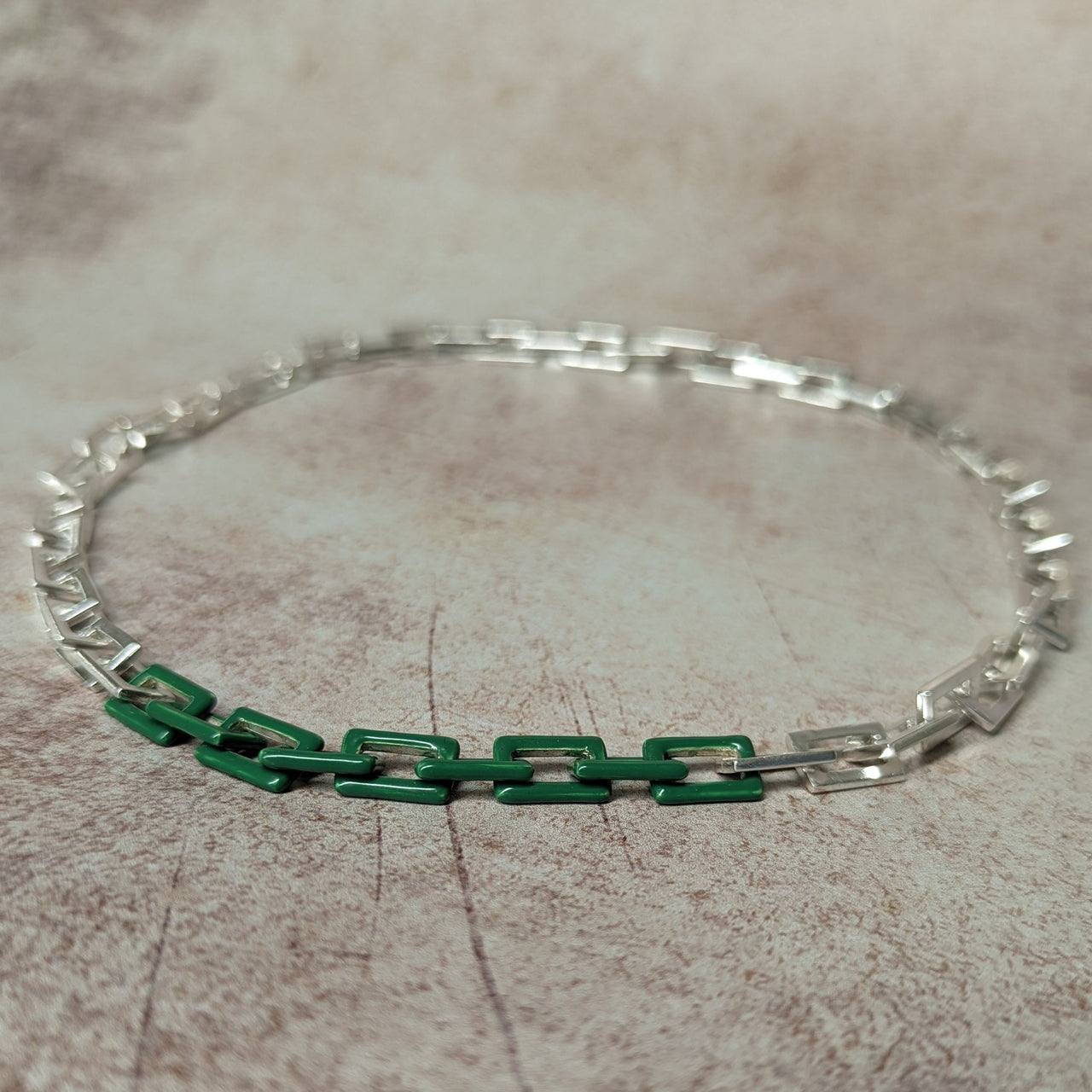 Silver Delicate Frame Link Necklace with Green Enamel Accents
