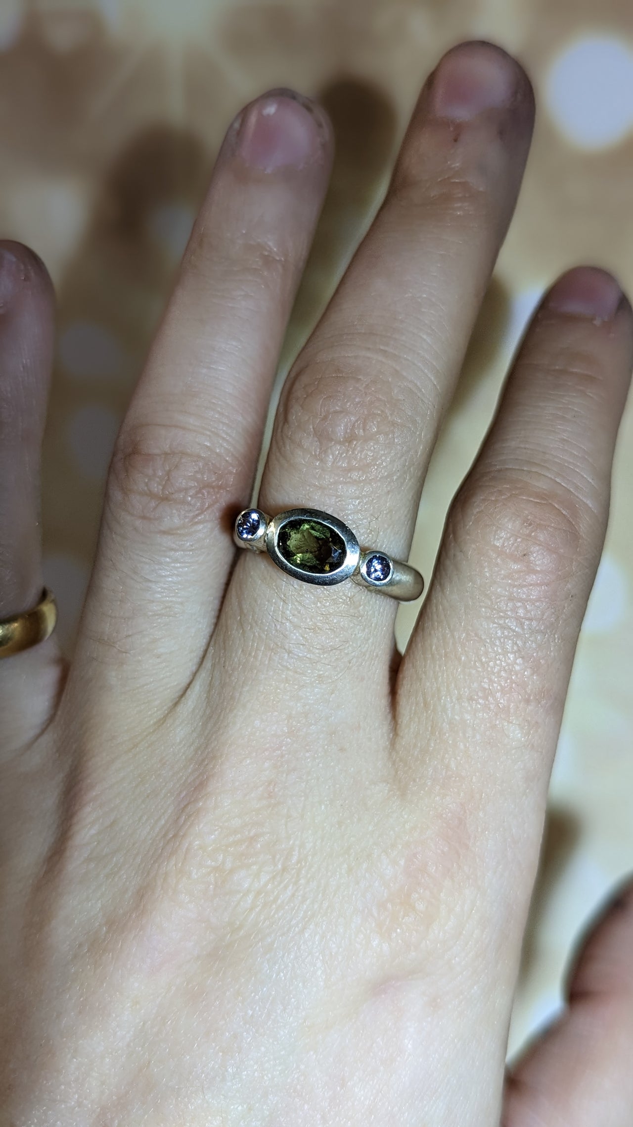 3-Stone Silver Ring with Moldavite and Spinel